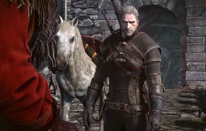 Geralt Witcher 3 Standing Beside Horse 2.png